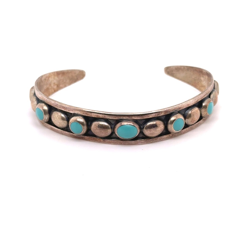 Vintage Mexican Sterling Silver 925 Faux Turquoise Bead Cuff Bracelet Mexico